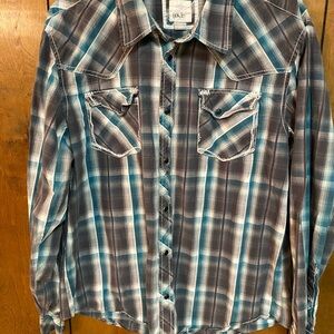 BKE Men's Teal and Gray Plaid Button Down Shirt